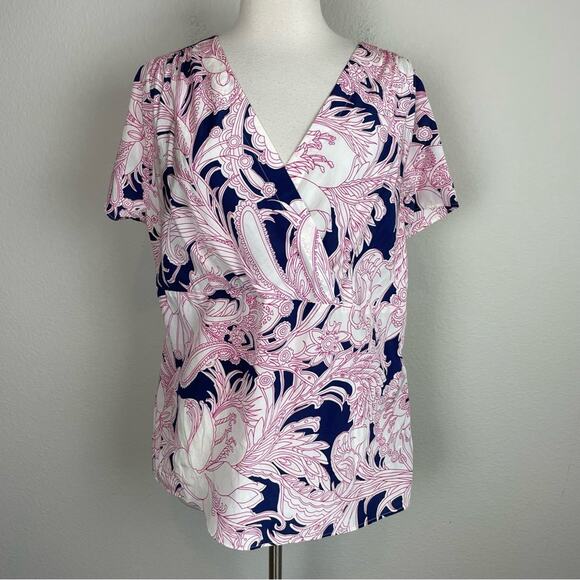 Talbots Navy White Pink Floral Faux Wrap Silk Blend Top 14W - Picture 2 of 9